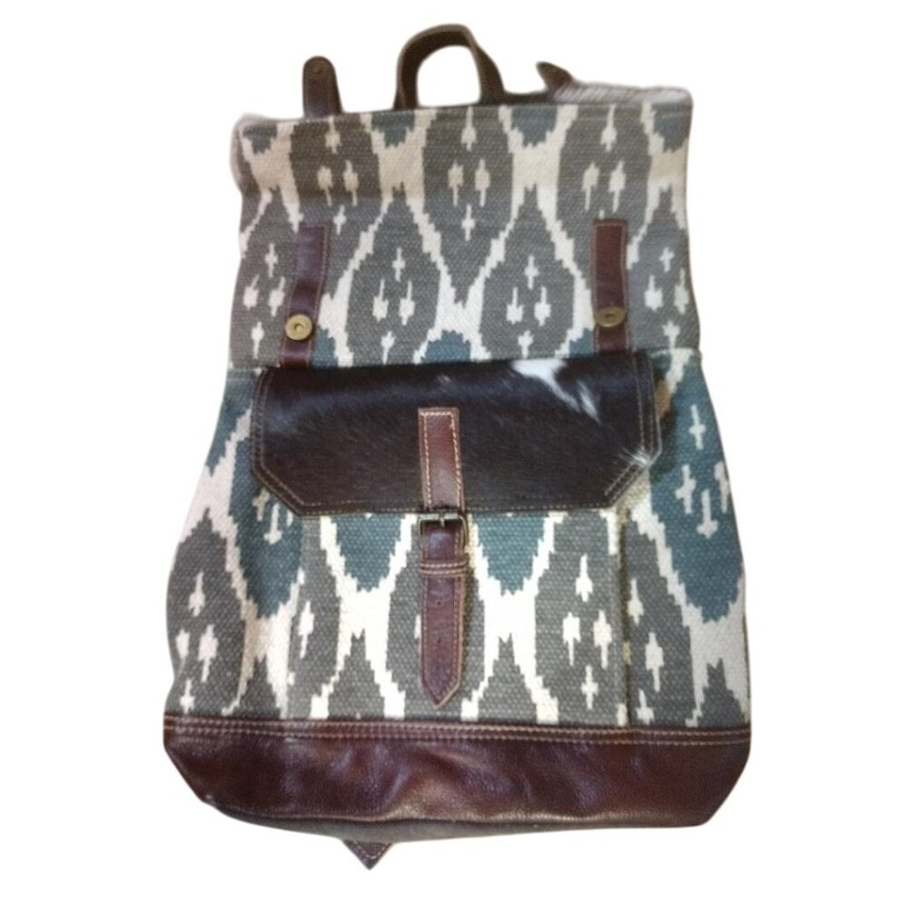 Handcrafted Myra Canvas & Leather Backpack With Ikat Print Cowhide Accent & Adju